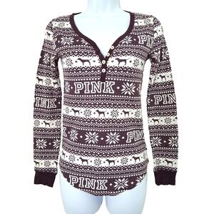 Y2K Victorias Secret PINK Waffle Knit Henley Size XS Thermal Sleep Top Snowflake